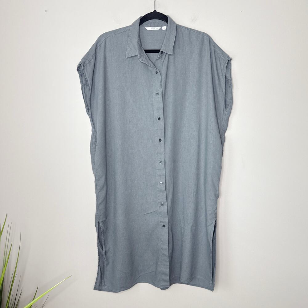 Uniqlo Linen Blend Button Front Oversized Shirtdress Size Small Lagenlook Gray